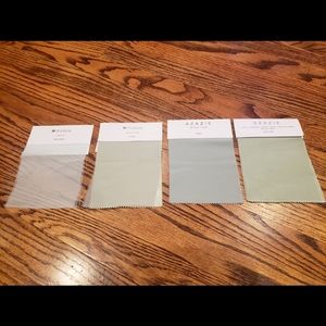 JJ's House and Azazie swatches in Sage green, Celadan, Agave, Dusty Sage